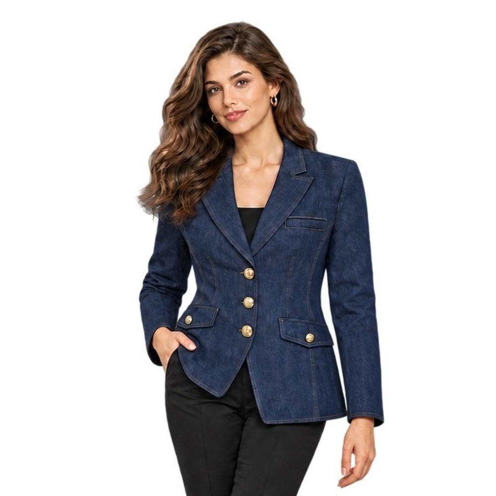 Talbots Denim Blazer Women's Size 6 Dark Wash Blue Jean Crest Button Jacket